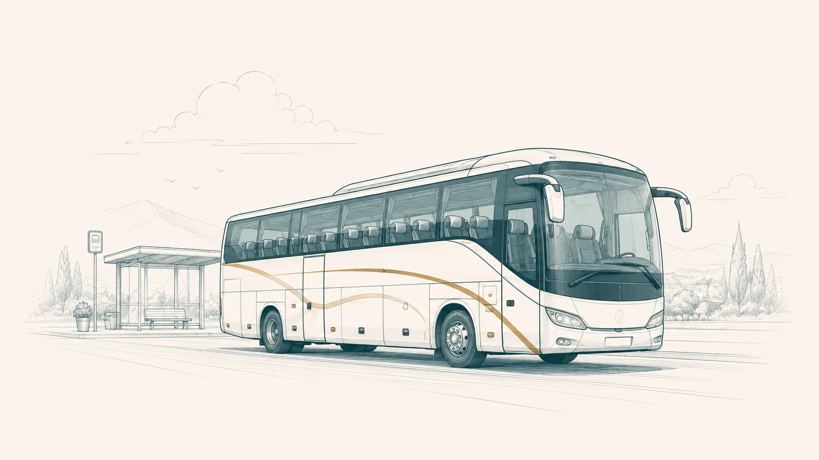 Modern távolsági autóbusz egy buszmegállónál