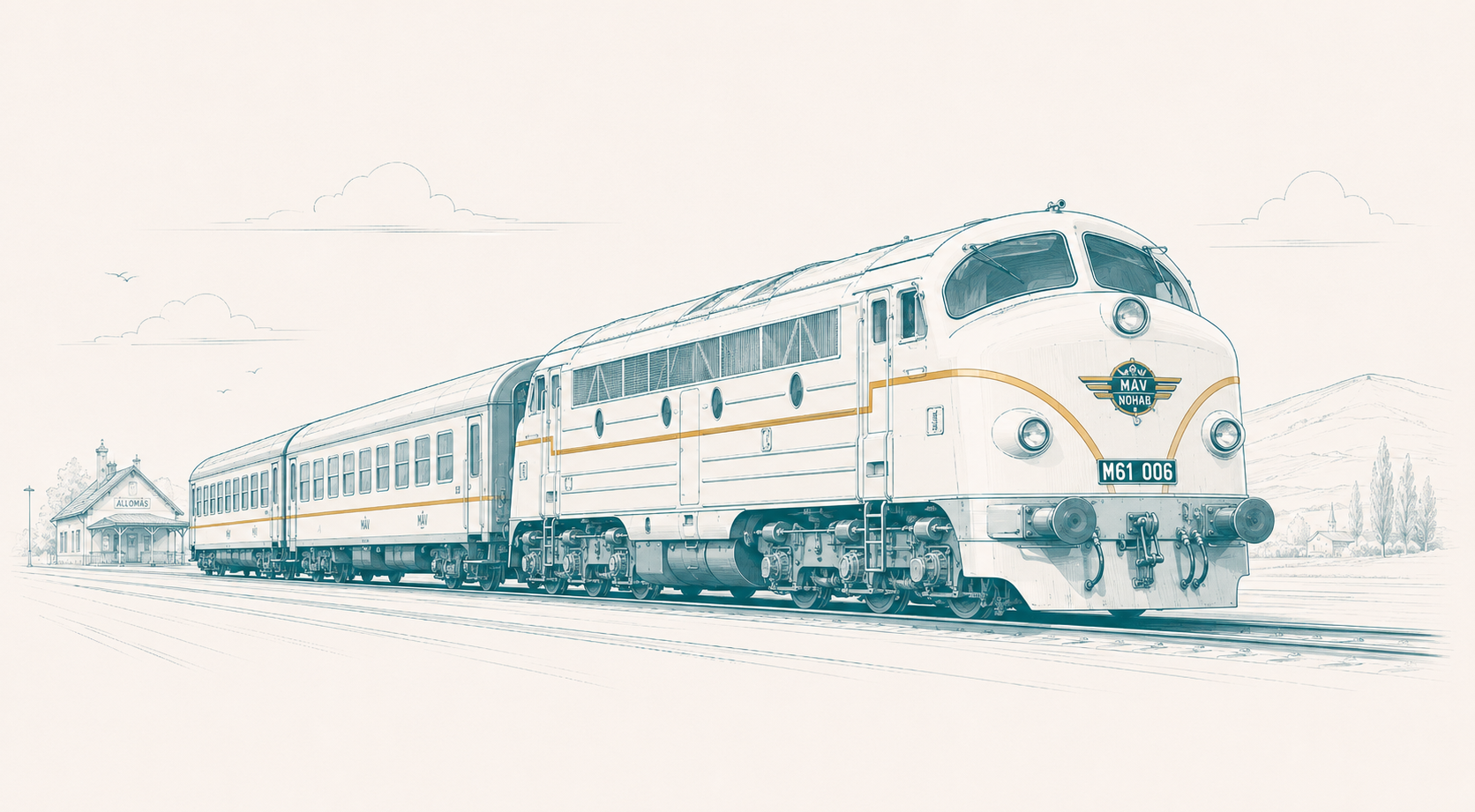 קטר הדיזל הקלאסי MÁV NOHAB M61 נוסע ימינה עם רכבת נוסעים
